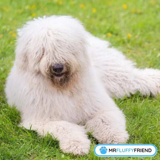 A fluffy, white Komondor resting on green grass, emphasizing that even the shaggiest-looking big dog breeds don't shed